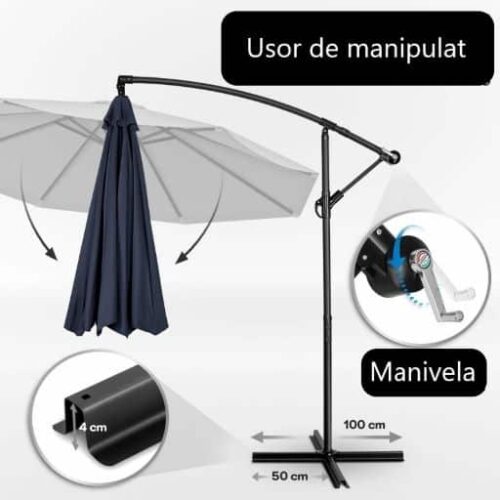 Umbrela terasa/gradina, protectie UV 50+, rezistent la intemperii/vant, acoperire hidrofuga, rotire la 360°, inclinatie reglabila, manivela practica, inaltime 240 cm x Ø 300 cm, albastru inchis
