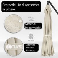 res_df60523144bca2acd8514b2976f1e55d.jpg Umbrela terasa/gradina, protectie UV 50+, rezistent la intemperii/vant, acoperire hidrofuga, rotire la 360°, inclinatie reglabila, manivela practica, inaltime 240 cm x Ø 300 cm, crem
