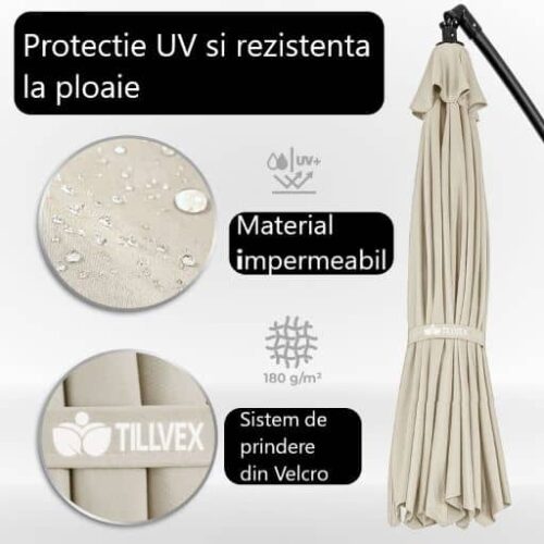 res_df60523144bca2acd8514b2976f1e55d.jpg Umbrela terasa/gradina, protectie UV 50+, rezistent la intemperii/vant, acoperire hidrofuga, rotire la 360°, inclinatie reglabila, manivela practica, inaltime 240 cm x Ø 300 cm, crem