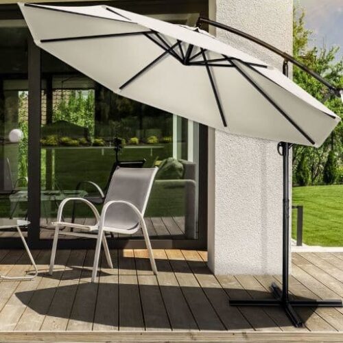 res_e065c965590292f1a372c5b0ed04726f.jpg Umbrela terasa/gradina, protectie UV 50+, rezistent la intemperii/vant, acoperire hidrofuga, rotire la 360°, inclinatie reglabila, manivela practica, inaltime 240 cm x Ø 300 cm, crem