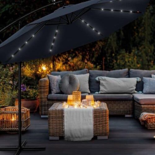 Umbrela terasa/gradina, cu lumina LED, husa protectie, protectie UV 50+, rotire la 360°, inclinatie reglabila, manivela, Ø 300 cm, albastru inchis