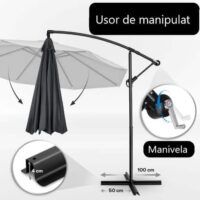 Umbrela terasa/gradina, protectie UV 50+, rezistent la intemperii/vant, acoperire hidrofuga, rotire la 360°, inclinatie reglabila, manivela practica, inaltime 240 cm x Ø 300 cm, antracit