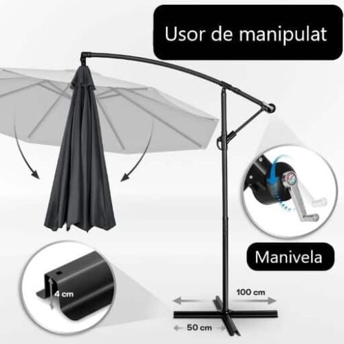 Umbrela terasa/gradina, protectie UV 50+, rezistent la intemperii/vant, acoperire hidrofuga, rotire la 360°, inclinatie reglabila, manivela practica, inaltime 240 cm x Ø 300 cm, antracit