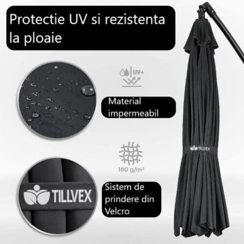 Umbrela terasa/gradina, protectie UV 50+, rezistent la intemperii/vant, acoperire hidrofuga, rotire la 360°, inclinatie reglabila, manivela practica, inaltime 240 cm x Ø 300 cm, antracit
