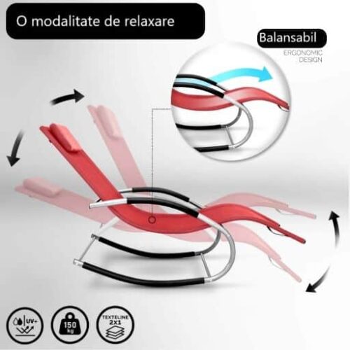 Sezlong balansoar, pliabil, rezistent la intemperii, rezistent la UV, capacitate 150 kg, 175 x 78 x 89 cm, rosu