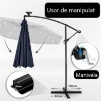 Umbrela terasa/gradina, cu lumina LED, husa protectie, protectie UV 50+, rotire la 360°, inclinatie reglabila, manivela, Ø 300 cm, albastru inchis