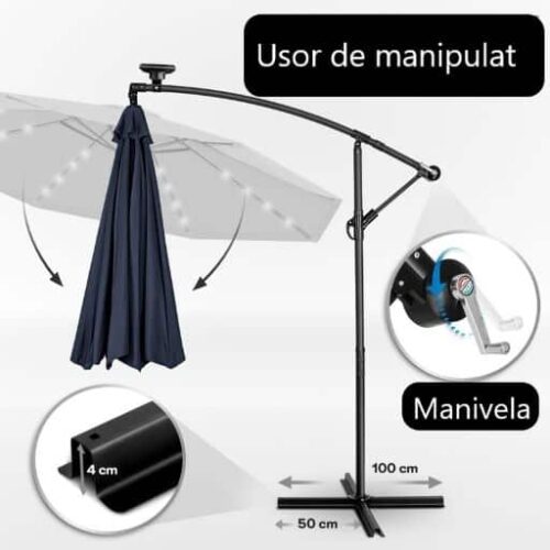 Umbrela terasa/gradina, cu lumina LED, husa protectie, protectie UV 50+, rotire la 360°, inclinatie reglabila, manivela, Ø 300 cm, albastru inchis