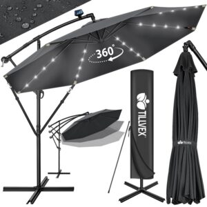 Umbrela terasa/gradina cu lumina LED, husa protectie, panou incarcare solara, protectie UV 50+, rotire la 360°, inclinatie reglabila, manivela, Ø 300 cm, antracit