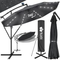 Umbrelă de grădină Tillvex cu iluminare LED, protecție UV 50+, rotire 360° și manivelă, Ø 350 cm