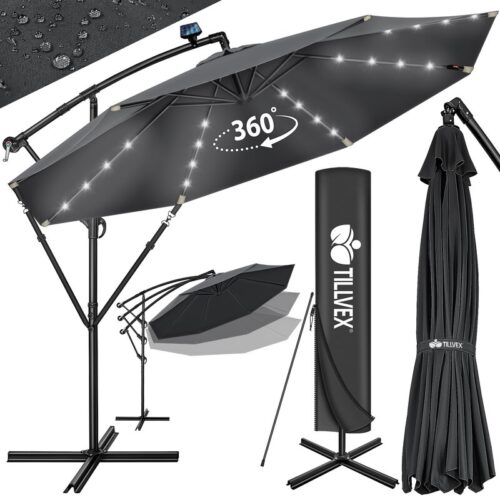Umbrelă de grădină Tillvex cu iluminare LED, protecție UV 50+, rotire 360° și manivelă, Ø 350 cm
