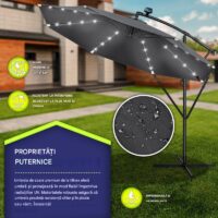 Umbrelă de grădină cu LED Tillvex, Ø 350 cm, protecție UV 50+, rotire 360°, manivelă, antracit