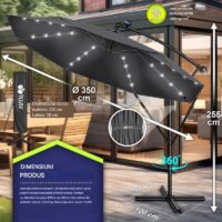 Umbrelă de grădină cu LED Tillvex, Ø 350 cm, protecție UV 50+, rotire 360°, manivelă, antracit
