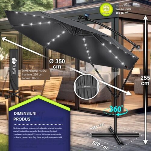 Umbrelă de grădină cu LED Tillvex, Ø 350 cm, protecție UV 50+, rotire 360°, manivelă, antracit