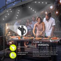 Umbrelă de grădină cu LED Tillvex, Ø 350 cm, protecție UV 50+, rotire 360°, manivelă, antracit