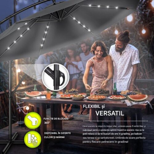 Umbrelă de grădină cu LED Tillvex, Ø 350 cm, protecție UV 50+, rotire 360°, manivelă, antracit