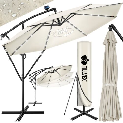 Umbrela terasa/gradina cu lumina LED, husa protectie, panou incarcare solara, protectie UV 50+, rotire la 360°, inclinatie reglabila, manivela, Ø 300 cm, crem