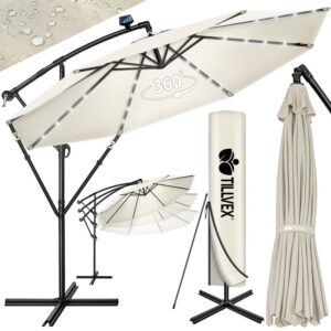 Umbrelă de grădină Tillvex cu iluminare LED, protecție UV 50+, rotire 360° și manivelă, Ø 350 cm