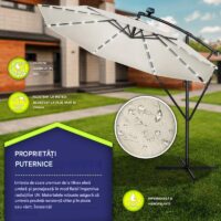 Umbrelă de grădină cu LED Tillvex, Ø 350 cm, protecție UV 50+, rotire 360°, manivelă, crem