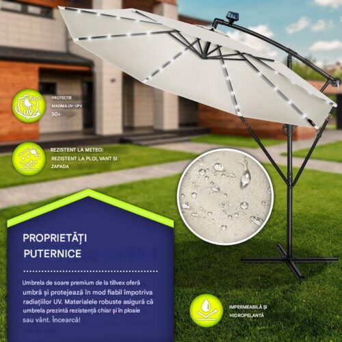 Umbrelă de grădină cu LED Tillvex, Ø 350 cm, protecție UV 50+, rotire 360°, manivelă, crem