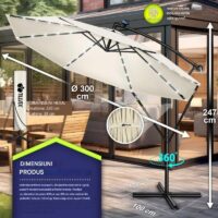 Umbrelă de grădină cu LED Tillvex, Ø 350 cm, protecție UV 50+, rotire 360°, manivelă, crem