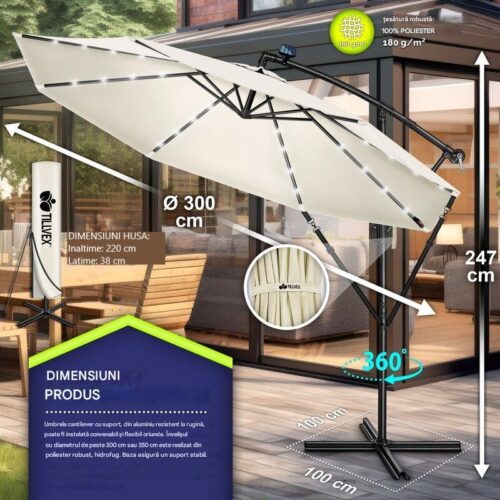 Umbrelă de grădină cu LED Tillvex, Ø 350 cm, protecție UV 50+, rotire 360°, manivelă, crem