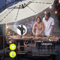 Umbrelă de grădină cu LED Tillvex, Ø 350 cm, protecție UV 50+, rotire 360°, manivelă, crem