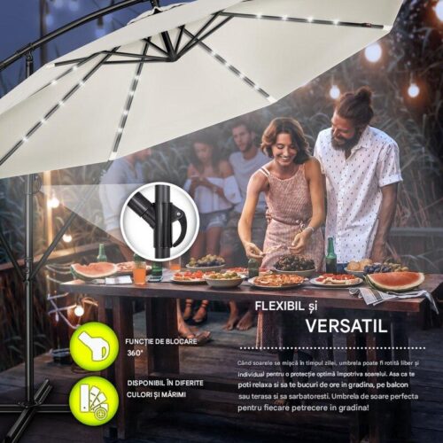 Umbrelă de grădină cu LED Tillvex, Ø 350 cm, protecție UV 50+, rotire 360°, manivelă, crem