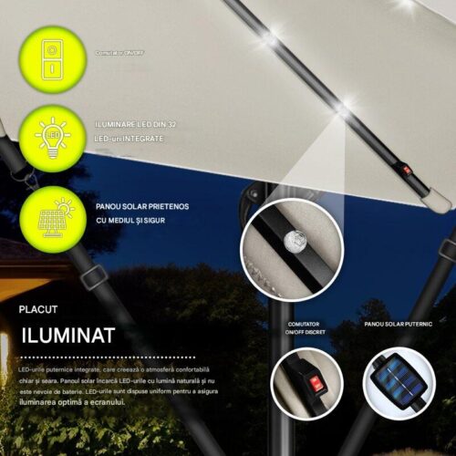 Umbrelă de grădină cu LED Tillvex, Ø 350 cm, protecție UV 50+, rotire 360°, manivelă, crem