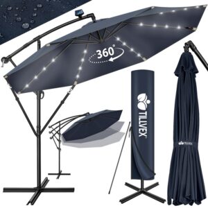 Umbrela terasa/gradina, cu lumina LED, husa protectie, protectie UV 50+, rotire la 360°, inclinatie reglabila, manivela, Ø 300 cm, albastru inchis