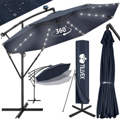 Umbrela terasa/gradina, cu lumina LED, husa protectie, protectie UV 50+, rotire la 360°, inclinatie reglabila, manivela, Ø 300 cm, albastru inchis