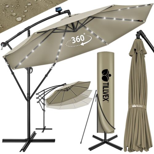 Umbrela terasa/gradina cu lumina LED, husa protectie, panou incarcare solara, protectie UV 50+, rotire la 360°, inclinatie reglabila, manivela, Ø 300 cm, crem inchis