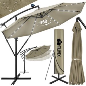 Umbrelă de grădină cu LED Tillvex, Ø 350 cm, protecție UV 50+, rotire 360°, manivelă, crem inchis