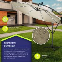 Umbrelă de grădină cu LED Tillvex, Ø 350 cm, protecție UV 50+, rotire 360°, manivelă, crem inchis