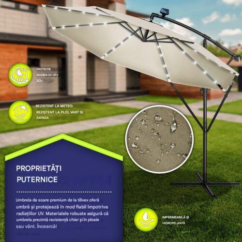 Umbrelă de grădină cu LED Tillvex, Ø 350 cm, protecție UV 50+, rotire 360°, manivelă, crem inchis