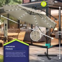 Umbrelă de grădină cu LED Tillvex, Ø 350 cm, protecție UV 50+, rotire 360°, manivelă, crem inchis