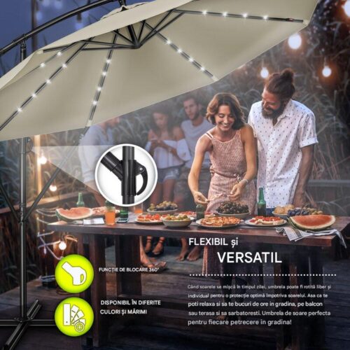 Umbrelă de grădină cu LED Tillvex, Ø 350 cm, protecție UV 50+, rotire 360°, manivelă, crem inchis