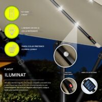 Umbrelă de grădină cu LED Tillvex, Ø 350 cm, protecție UV 50+, rotire 360°, manivelă, crem inchis