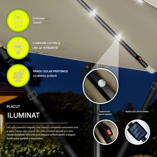 Umbrelă de grădină cu LED Tillvex, Ø 350 cm, protecție UV 50+, rotire 360°, manivelă, crem inchis