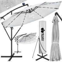 Umbrela terasa/gradina cu lumina LED, husa protectie, panou incarcare solara, protectie UV 50+, rotire la 360°, inclinatie reglabila, manivela, Ø 300 cm, gri