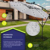 Umbrela terasa/gradina cu lumina LED, husa protectie, panou incarcare solara, protectie UV 50+, rotire la 360°, inclinatie reglabila, manivela, Ø 300 cm, gri