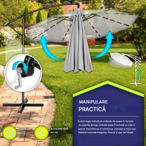 Umbrela terasa/gradina cu lumina LED, husa protectie, panou incarcare solara, protectie UV 50+, rotire la 360°, inclinatie reglabila, manivela, Ø 300 cm, gri