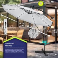 Umbrela terasa/gradina cu lumina LED, husa protectie, panou incarcare solara, protectie UV 50+, rotire la 360°, inclinatie reglabila, manivela, Ø 300 cm, gri