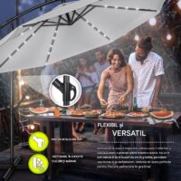 Umbrela terasa/gradina cu lumina LED, husa protectie, panou incarcare solara, protectie UV 50+, rotire la 360°, inclinatie reglabila, manivela, Ø 300 cm, gri