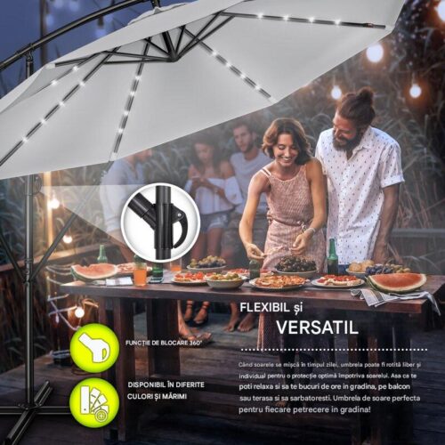 Umbrela terasa/gradina cu lumina LED, husa protectie, panou incarcare solara, protectie UV 50+, rotire la 360°, inclinatie reglabila, manivela, Ø 300 cm, gri
