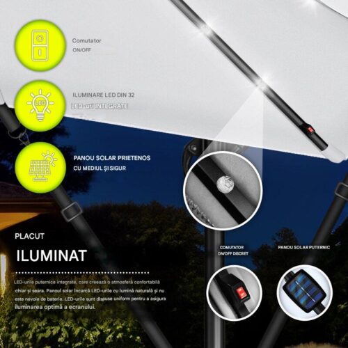 Umbrela terasa/gradina cu lumina LED, husa protectie, panou incarcare solara, protectie UV 50+, rotire la 360°, inclinatie reglabila, manivela, Ø 300 cm, gri