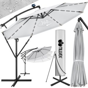 Umbrelă de grădină cu LED Tillvex, Ø 350 cm, protecție UV 50+, rotire 360°, manivelă, gri