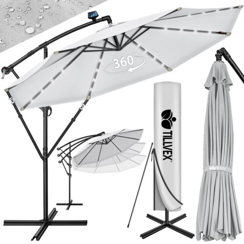 Umbrelă de grădină cu LED Tillvex, Ø 350 cm, protecție UV 50+, rotire 360°, manivelă, gri