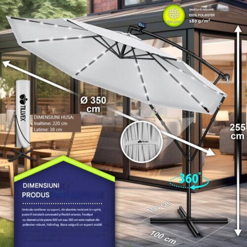 Umbrelă de grădină cu LED Tillvex, Ø 350 cm, protecție UV 50+, rotire 360°, manivelă, gri