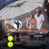 Umbrelă de grădină cu LED Tillvex, Ø 350 cm, protecție UV 50+, rotire 360°, manivelă, gri