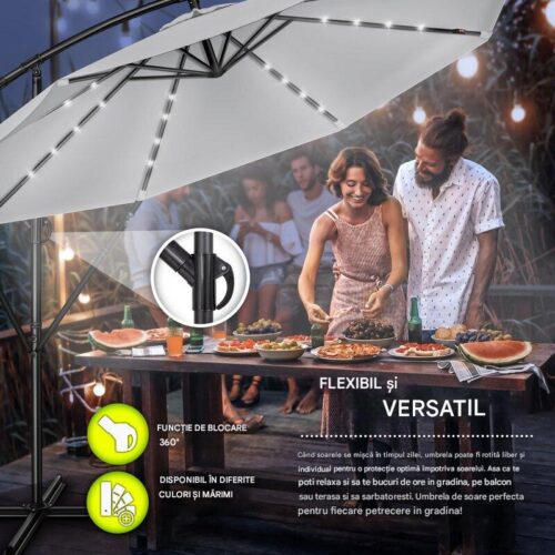 Umbrelă de grădină cu LED Tillvex, Ø 350 cm, protecție UV 50+, rotire 360°, manivelă, gri